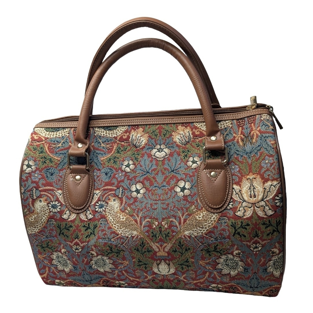 Signare William Morris Strawberry Thief Overnight Tapestry Bag Red Green Birds - Picture 2 of 4